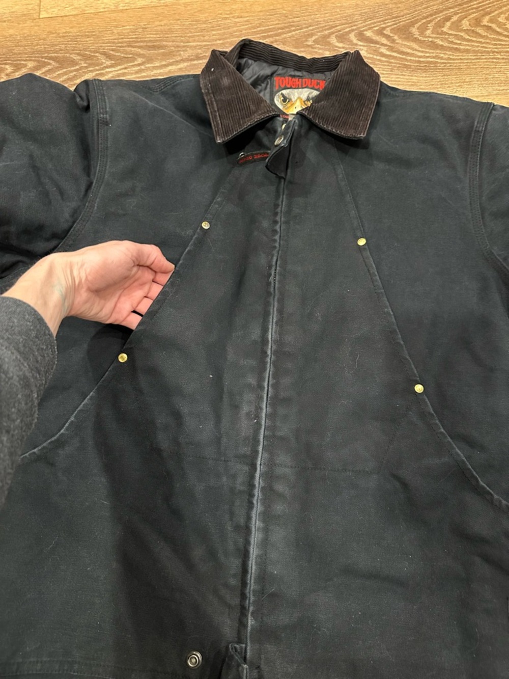 Vintage Tough Duck Men's Black Field Jacket with Brown Corduroy Collar - Picture 4 of 8